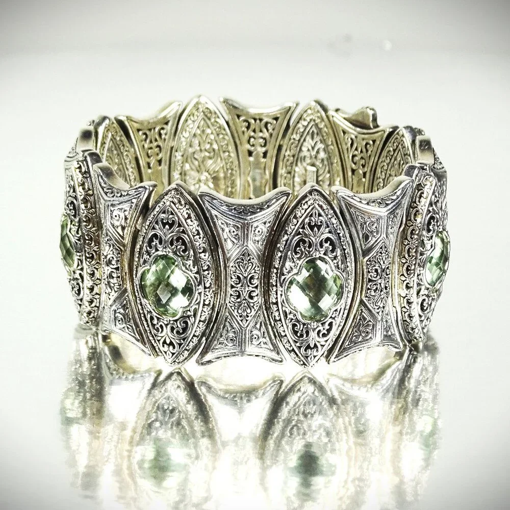 KONSTANTINO Sterling Silver Faceted Prasiolite Wide Link Bracelet 121 Grams - Picture 1 of 13